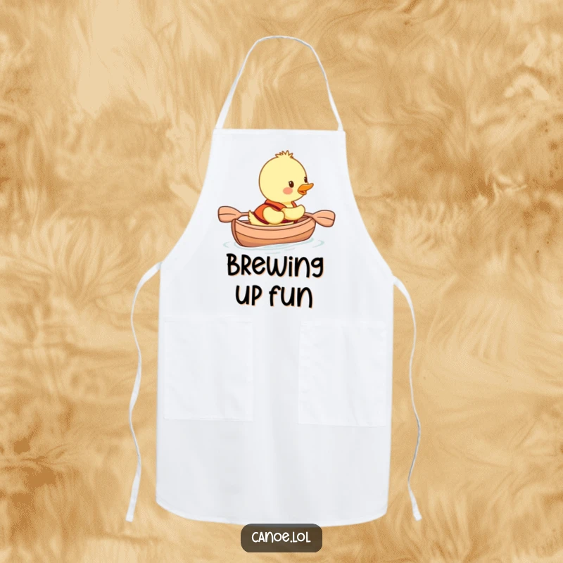 Funny duckling wearing a life vest, smiling while paddling a canoe, a humorous apron for kitchen fun.