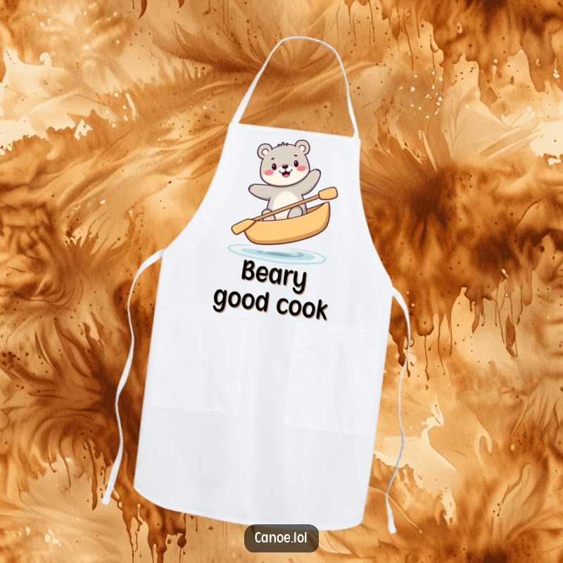 Funny happy bear balancing precariously while sitting in a canoe, a humorous apron for kitchen fun.