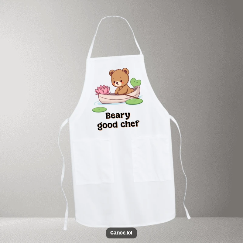 Funny curious bear cub reaching for a lily pad from a canoe, a humorous apron for kitchen fun.