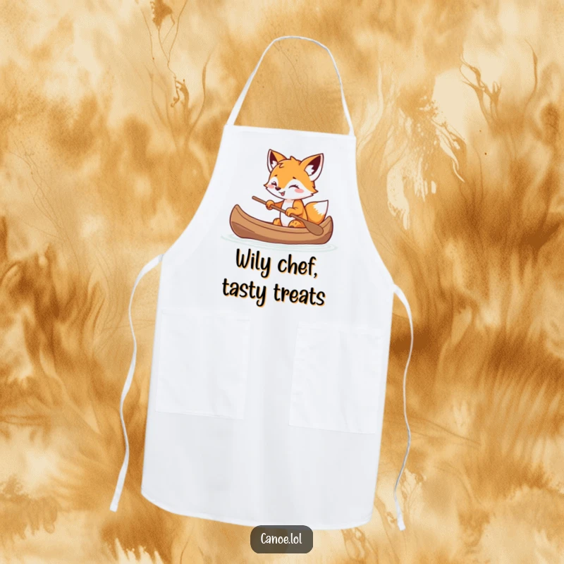 Funny playful fox cub balancing in a canoe with a mischievous grin, a humorous apron for kitchen fun.