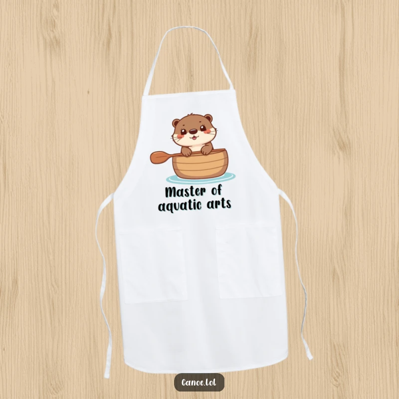 Funny Apron showing a happy otter peeking over the side of a canoe, ideal for kitchen fun.