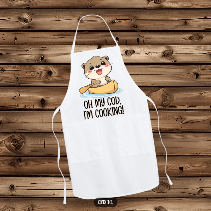 Funny cute otter with a wide grin paddling a canoe, perfect for kitchen duties or outdoor BBQs. A humorous apron.
