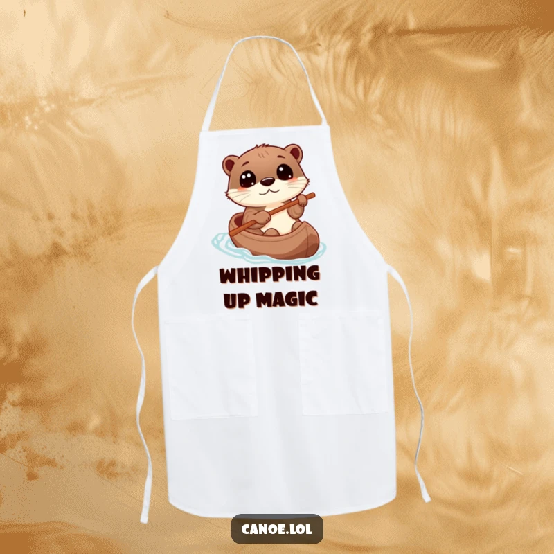Funny otter playfully steering a canoe with a stick, eyes wide with wonder, a humorous apron for kitchen fun.