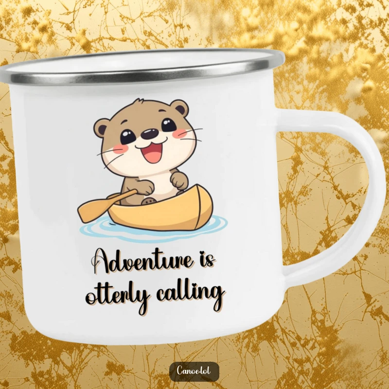 Funny cute otter with a wide, excited grin paddling a canoe, perfect for camping trips and outdoor brews.