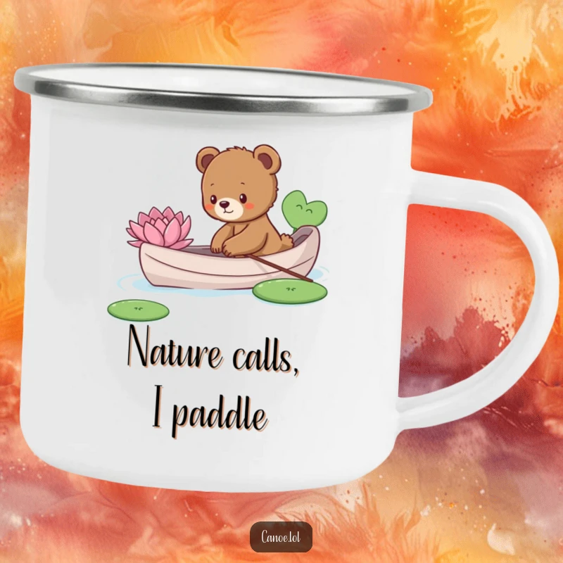 Funny curious bear cub reaching for a lily pad from a canoe, ideal for camping and outdoor exploration.