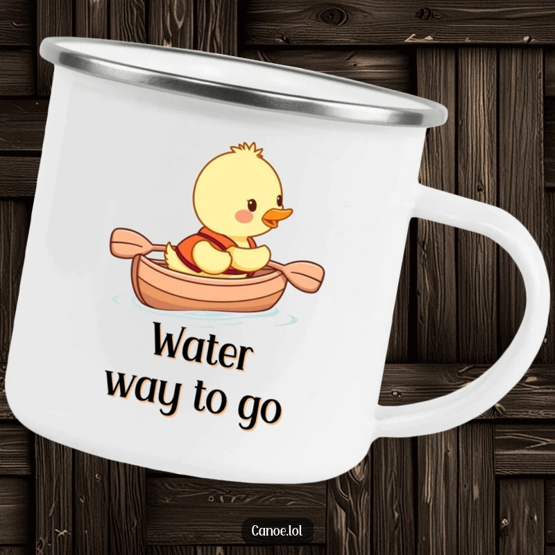 Funny duckling wearing a life vest, smiling and paddling a canoe, a durable camping mug for outdoor fun.