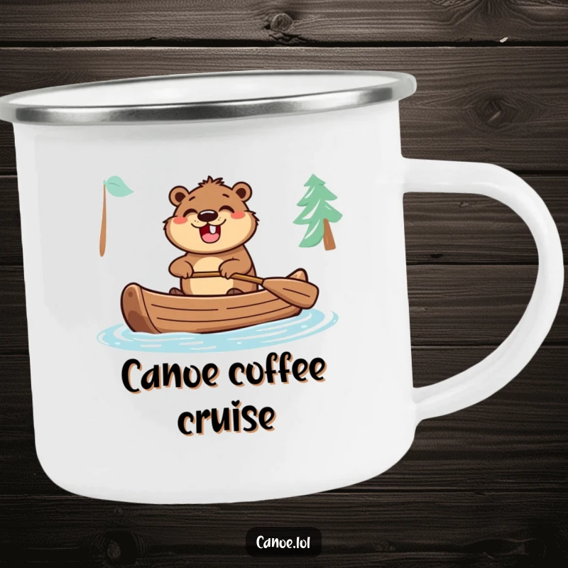 Funny camping mug with an excited beaver paddling a canoe with a wide grin, ready for campfire stories and coffee.