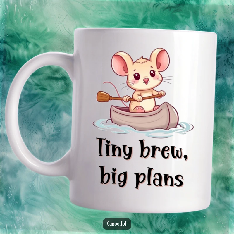 Funny tiny brave mouse intensely steering a miniature canoe with determination, a symbol of courage and perseverance.