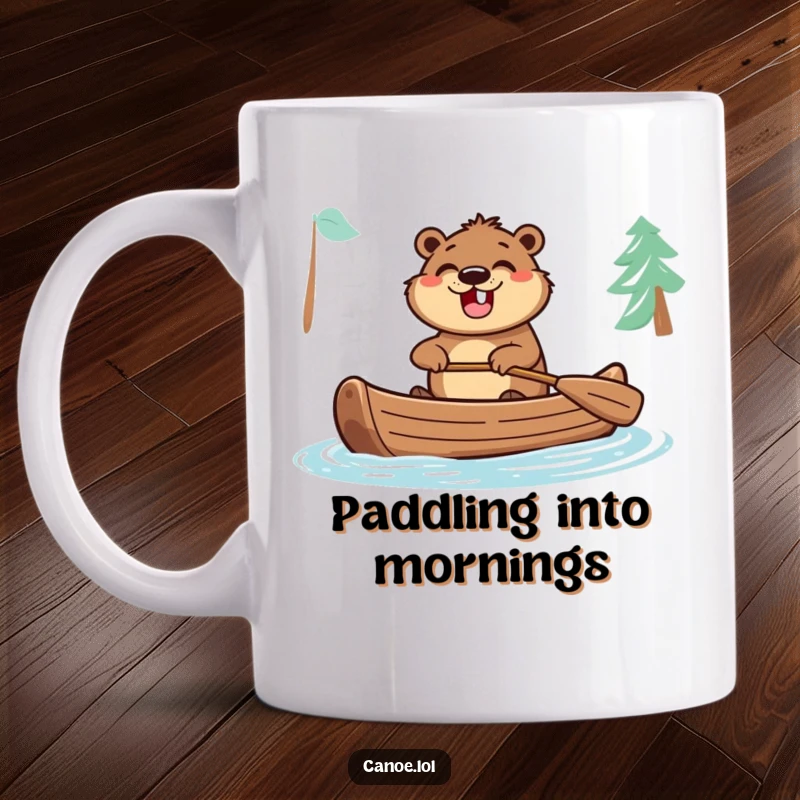Funny mug featuring an excited beaver paddling a canoe with a wide, happy grin, ready for an aquatic adventure.