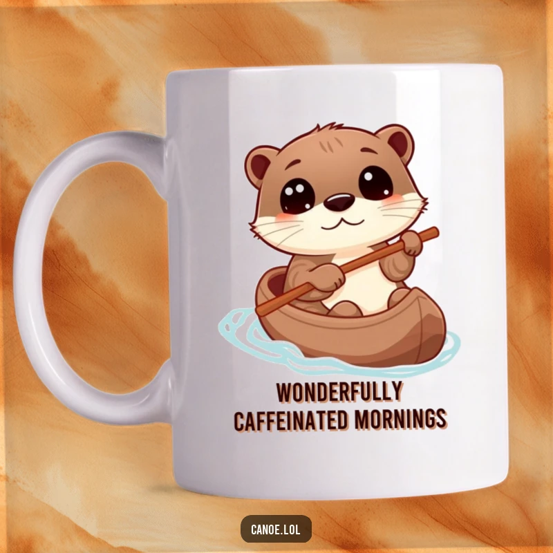 Funny otter playfully steering a canoe with a stick, eyes wide with wonder, a humorous mug for explorers.