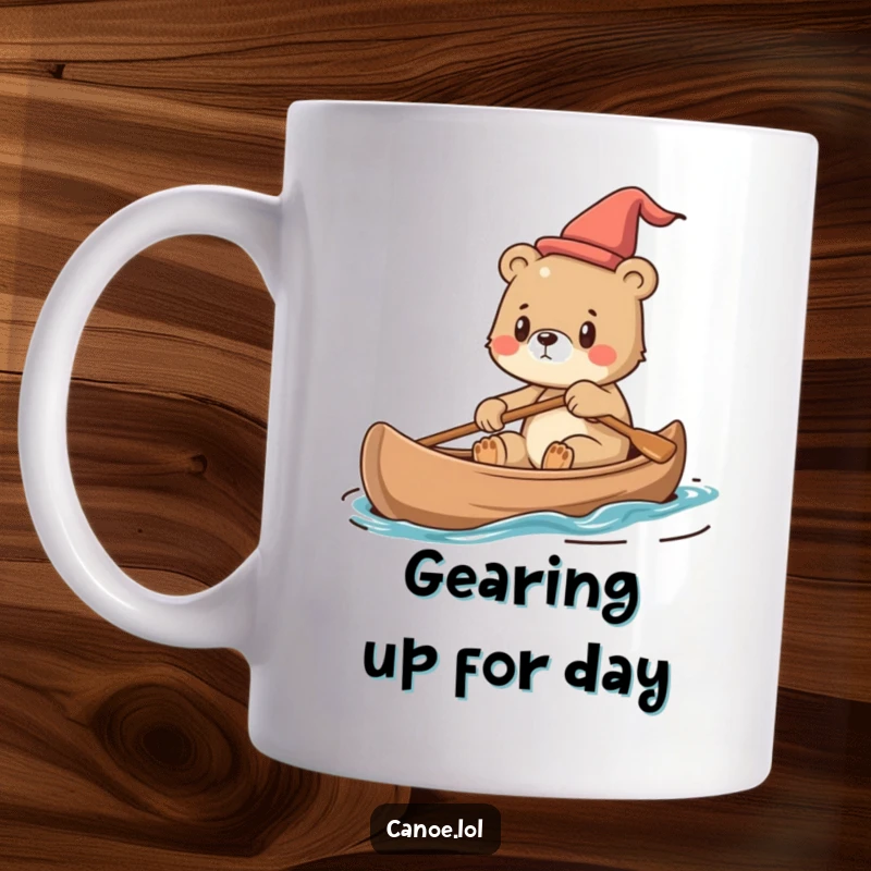 Funny Mug featuring a cute bear cub steering a canoe with a serious, determined expression, ready for adventure.