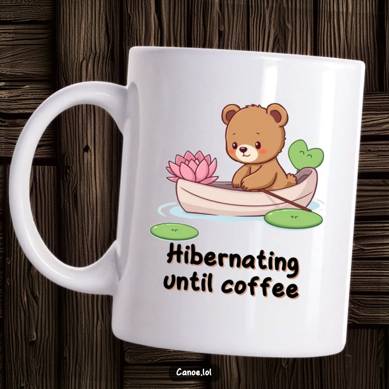 Funny curious bear cub in a canoe, reaching out to touch a lily pad, exploring nature’s wonders.