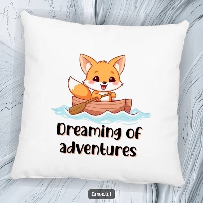 Funny cheerful fox with a wide grin rowing a canoe through gentle waves, a soft and humorous pillow.