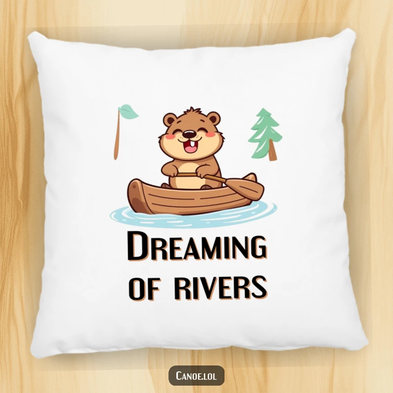 Funny pillow featuring an excited beaver paddling a canoe with a wide grin, perfect for adding adventurous humor.