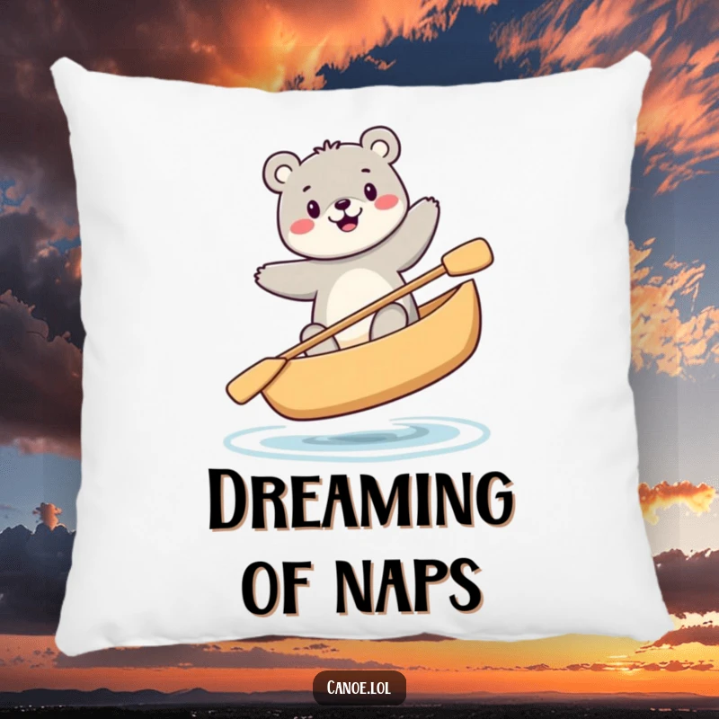 Funny happy bear balancing precariously while sitting in a canoe, a soft and humorous pillow.