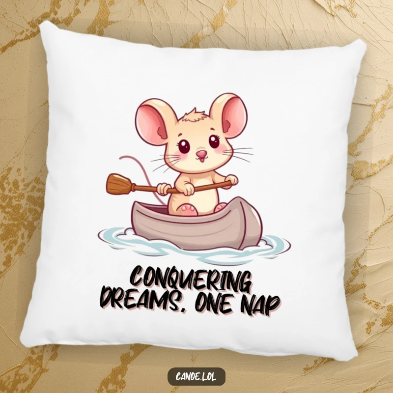 Funny tiny brave mouse steering a miniature canoe with determination, a soft and inspiring humorous pillow.