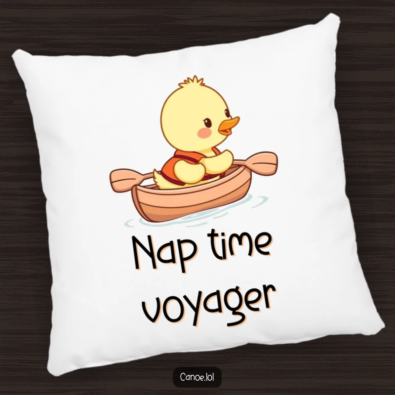 Funny duckling in a life vest smiling in a canoe, a soft and humorous pillow for ultimate comfort.