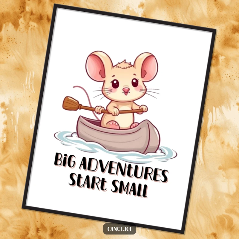 Funny tiny brave mouse steering a miniature canoe with determination, a powerful and humorous digital artwork.