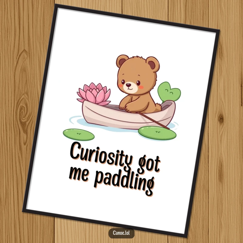 Funny curious bear cub reaching for a lily pad from a canoe, a charming and humorous digital artwork.