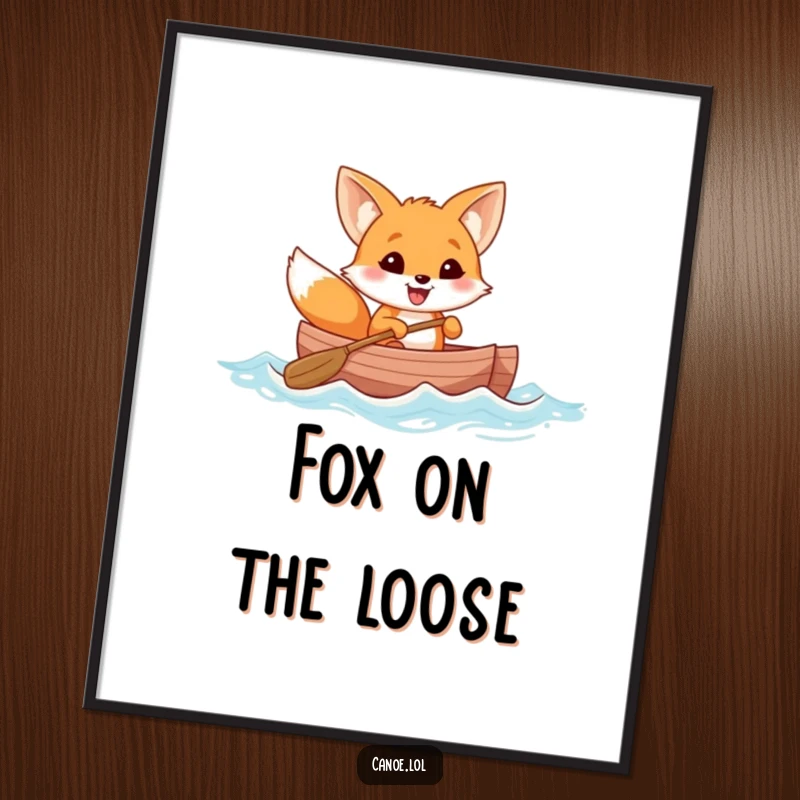 Funny cheerful fox with a wide grin rowing a canoe through gentle waves, a humorous digital art print.