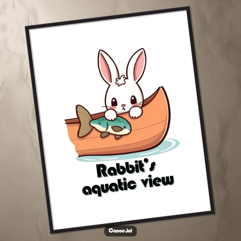 Funny curious rabbit peeking over the side of a canoe at a fish, a humorous digital art print.