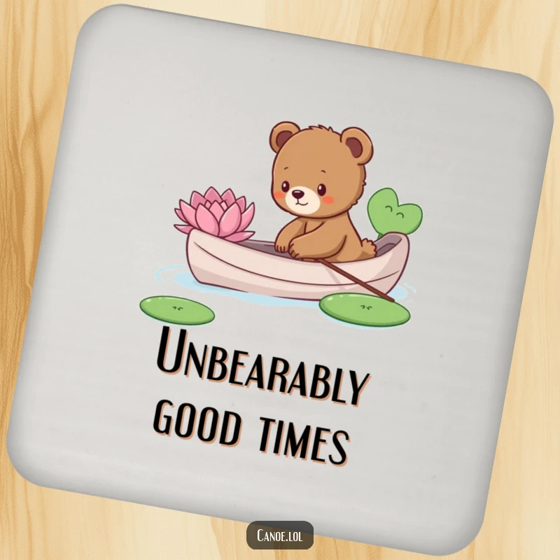 Funny curious bear cub reaching for a lily pad from a canoe, a humorous coaster for drink protection.