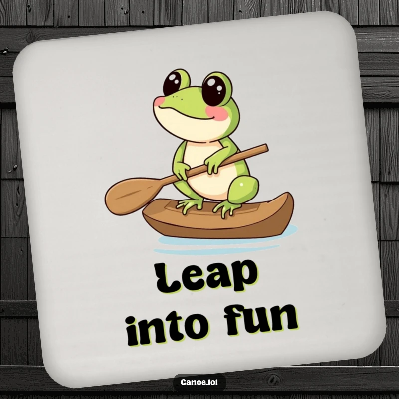 Funny Coasters showing a cheerful frog balancing on the end of a canoe paddle, protecting surfaces.