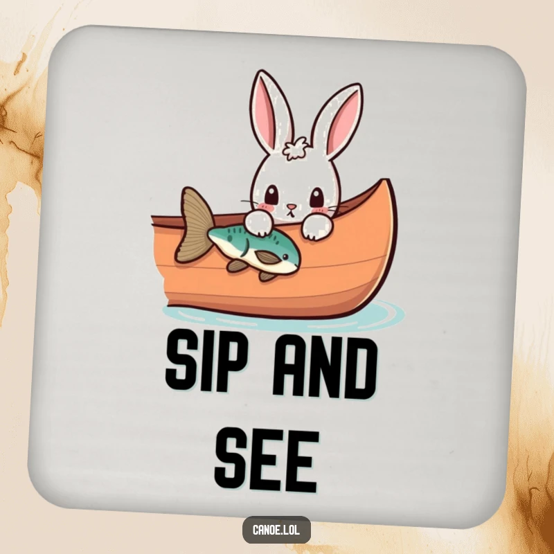 Funny curious rabbit peeking over the side of a canoe at a fish, a humorous coaster for drink protection.