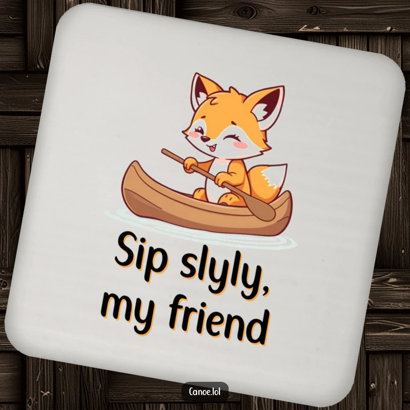 Funny playful fox cub balancing in a canoe with a mischievous grin, a humorous coaster for drink protection.