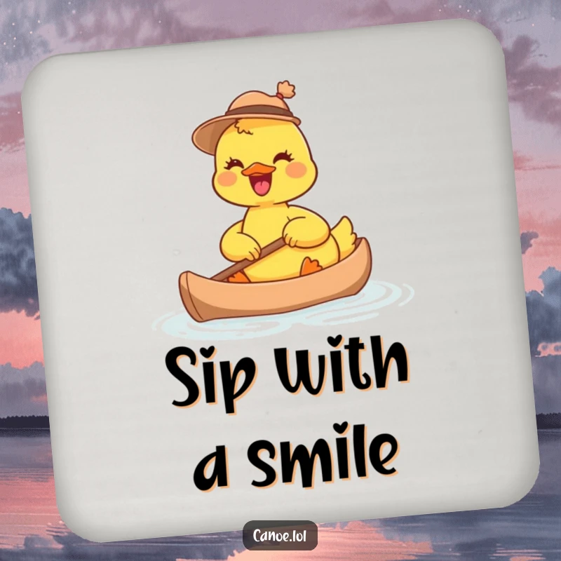 Funny joyful duckling wearing a tiny hat, paddling a miniature canoe, a humorous coaster for drink protection.