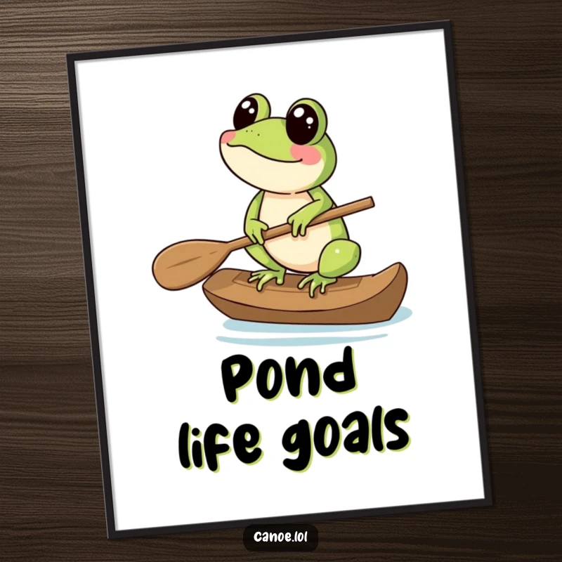 Funny Poster displaying a happy frog balancing on the end of a canoe paddle, perfect for quirky decor.