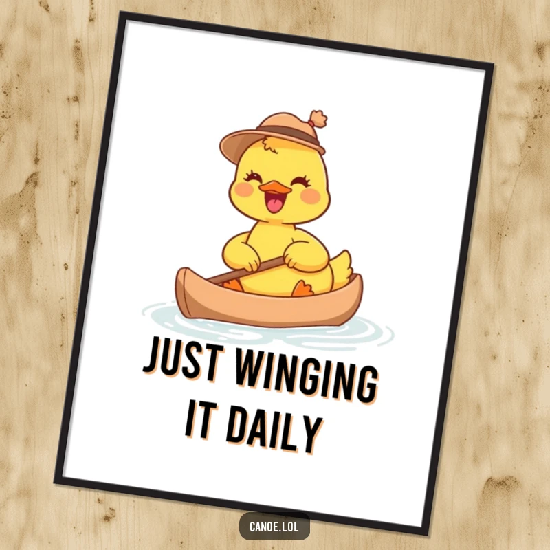 Funny joyful duckling wearing a tiny hat, paddling a miniature canoe, a delightful and humorous art print.