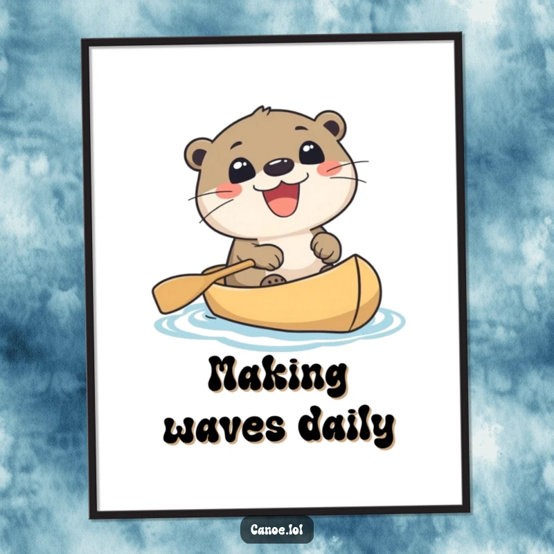 Funny cute otter with an enormous, ecstatic grin paddling a canoe, a symbol of pure joy and outdoor fun.