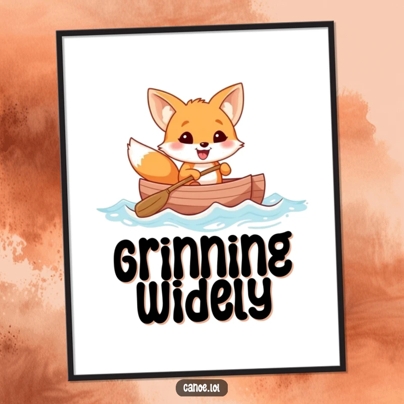Funny cheerful fox with a wide grin rowing a canoe through gentle waves, a humorous wall art print.