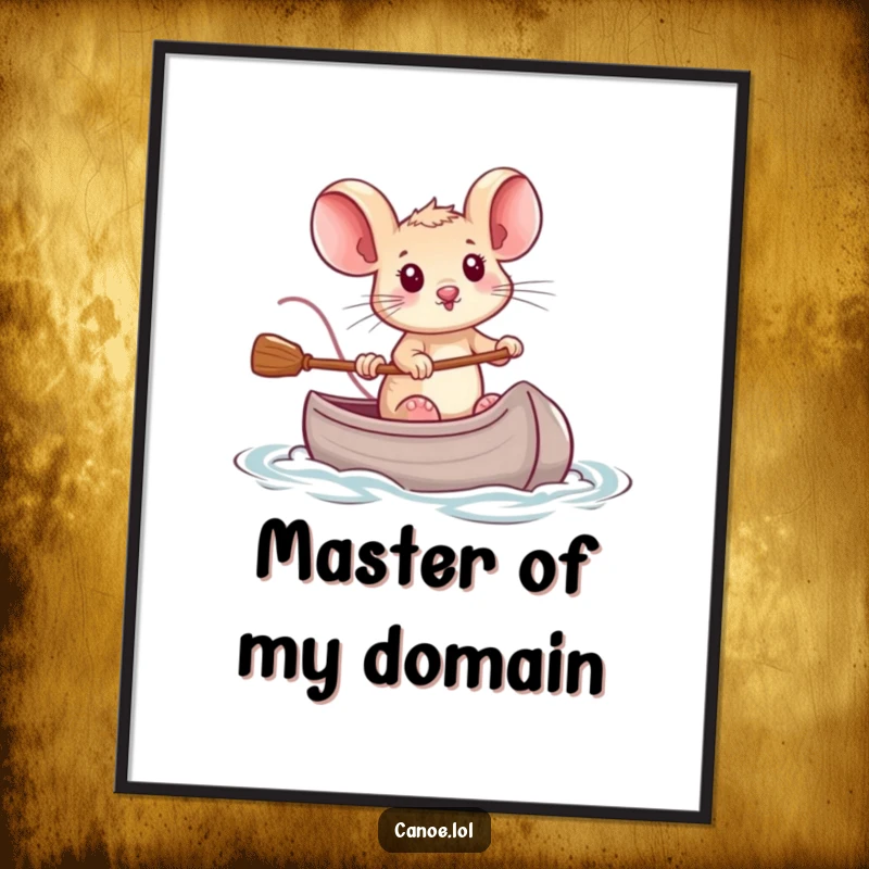 Funny tiny brave mouse steering a miniature canoe with unwavering determination, a powerful and humorous art print.