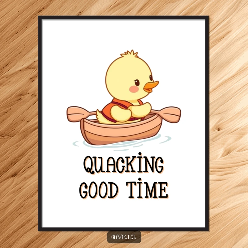 Funny duckling wearing a life vest, smiling and paddling a canoe, a humorous wall art poster for any room.