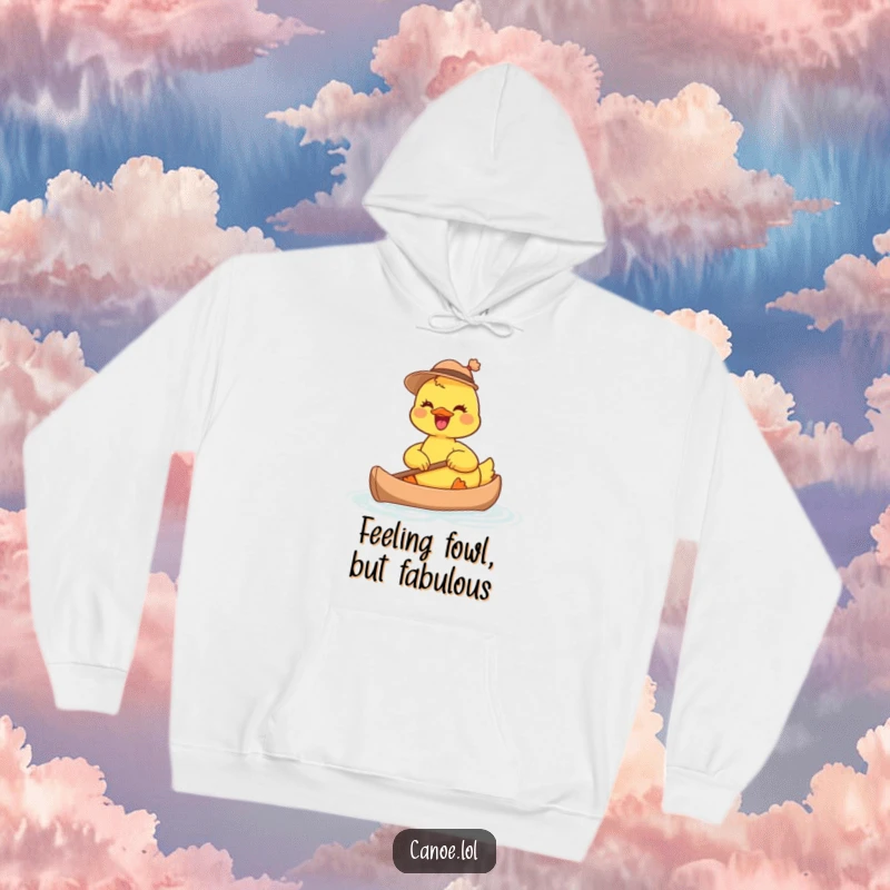 Funny joyful duckling wearing a tiny hat, paddling a miniature canoe, a cozy and humorous hoodie.