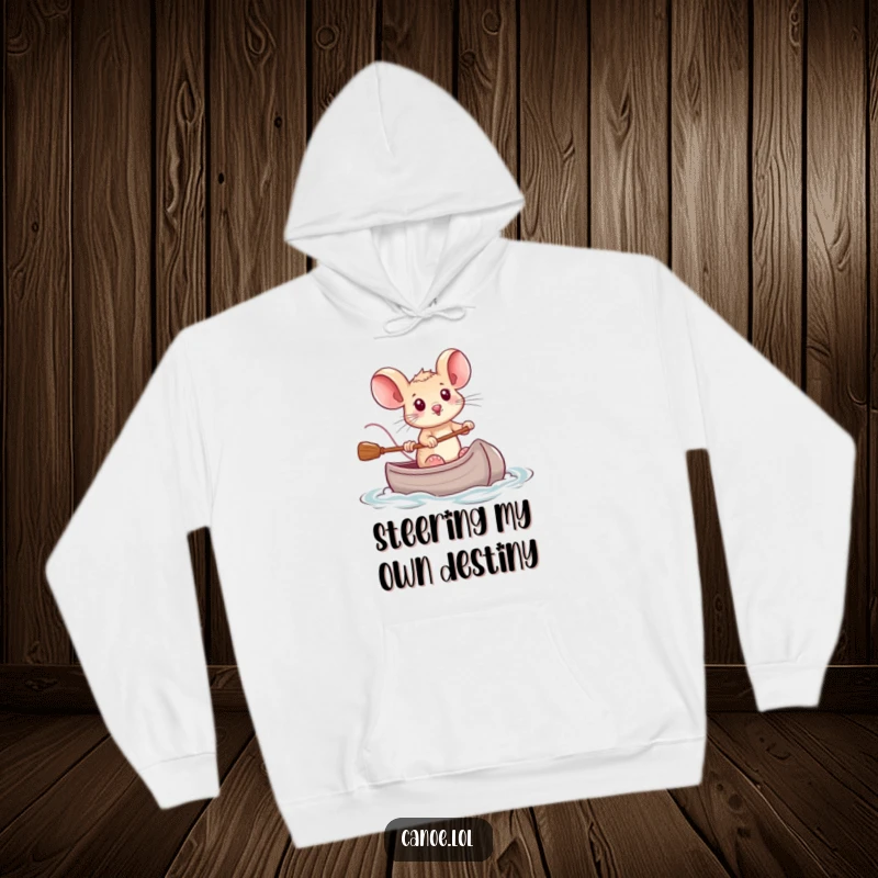 Funny tiny brave mouse intently steering a miniature canoe, symbolizing bravery and a can-do attitude in a hoodie.