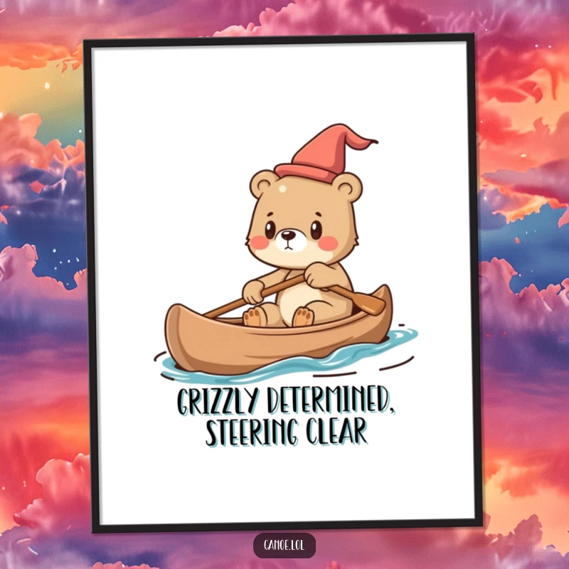 Funny Free Printable Wall Art: A cute bear cub steering a canoe with a highly determined expression.