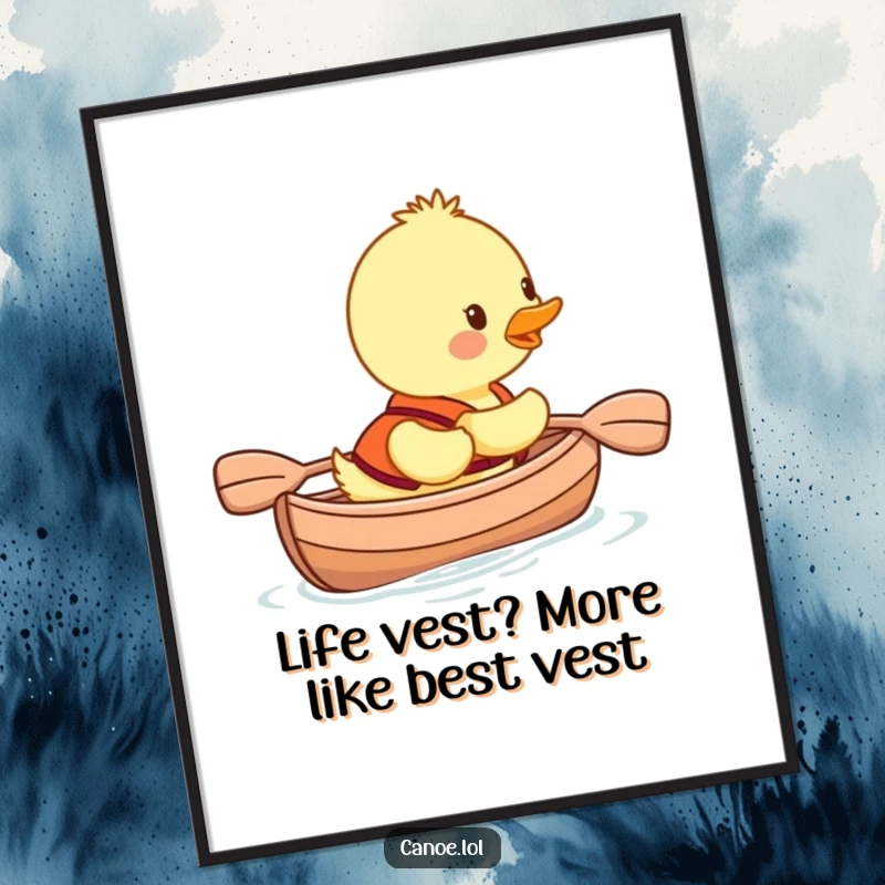 Funny Free Printable Wall Art: Adorable duckling in a canoe, wearing a life vest, paddling happily, bringing joy.