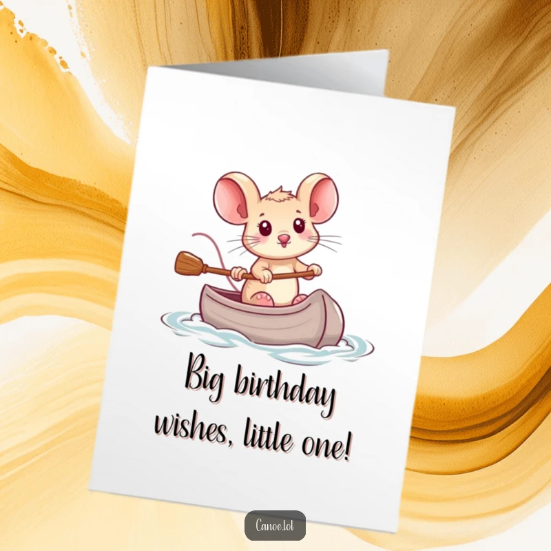 Funny Free Printable Birthday Card: Tiny, determined mouse bravely steering a miniature canoe, ready for a birthday quest.