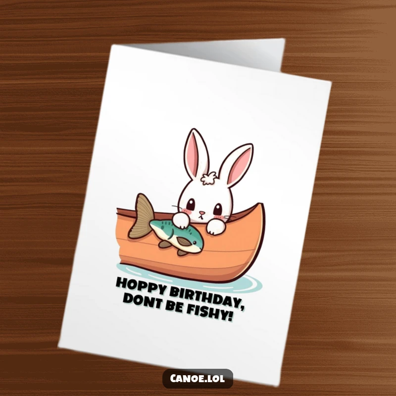 Funny Free Printable Birthday Card: Curious rabbit peeks into canoe at fish, celebrating a birthday.