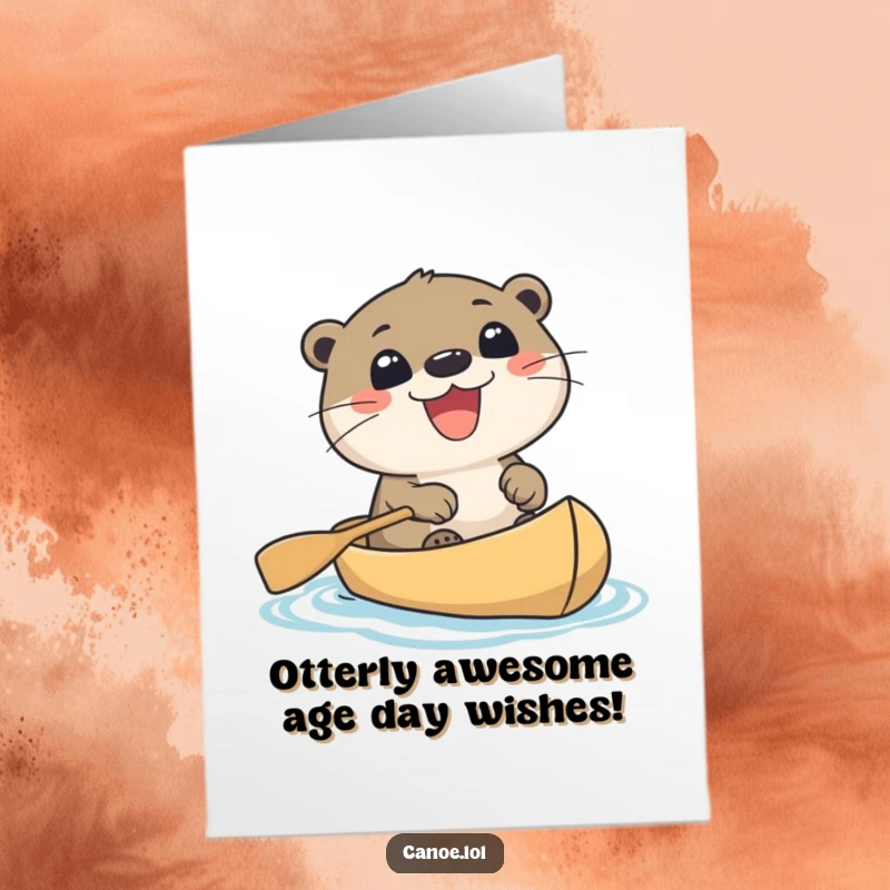 Funny Free Printable Birthday Card: Cute otter with a huge grin paddling a canoe, celebrating with excitement.