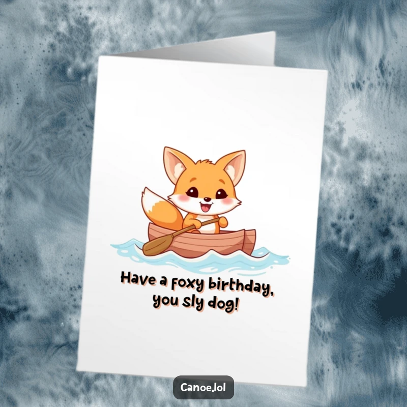 Funny Free Printable Birthday Card: Cheerful fox with wide grin rows a canoe happily, celebrating a birthday.