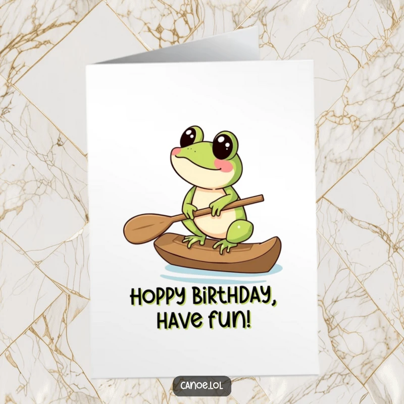 Funny Free Printable Birthday Card: Cheerful frog expertly balancing on the tip of a canoe paddle.