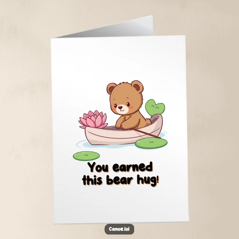 Funny Free Printable Congratulations Card: A curious bear cub in a canoe reaches out to touch a lily pad.
