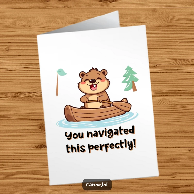 Funny Free Printable Congratulations Card: A happy beaver with a huge grin, paddling a canoe with excitement.
