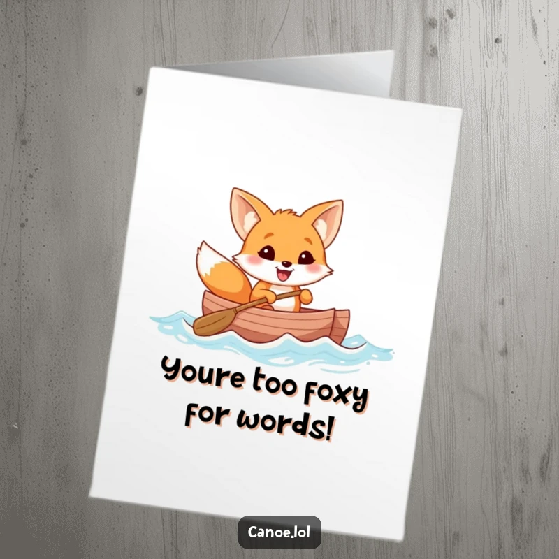 Funny Free Printable Congratulations Card: Cheerful fox grins widely while rowing a canoe, celebrating success.