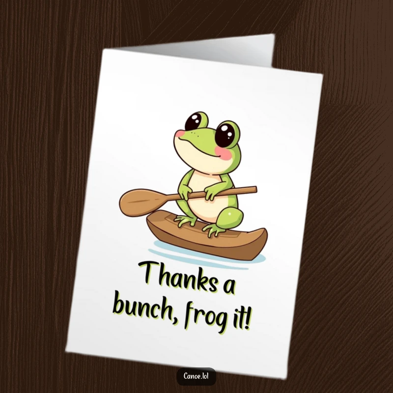 Funny Free Printable Thank You Card: A frog balancing on a canoe paddle, expressing sincere thanks.