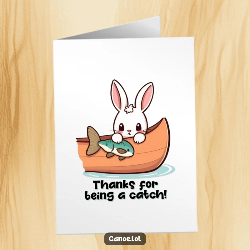 Funny Free Printable Thank You Card: Curious rabbit peeks over canoe side at a fish, expressing thanks.